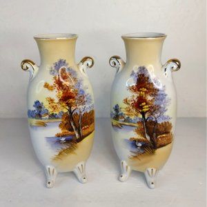 Vintage Ucagco Ceramics Japan 1950s Pair of Hand Painted Fall Trees Footed Vases